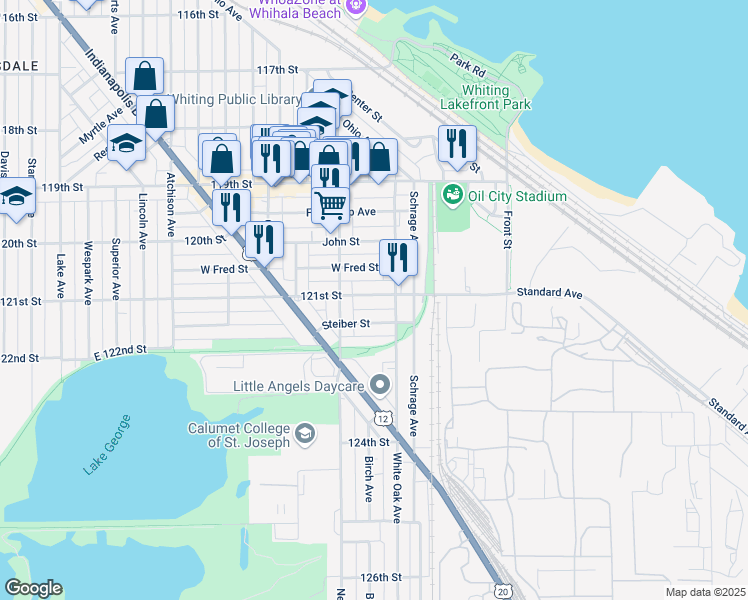 map of restaurants, bars, coffee shops, grocery stores, and more near 1521 121st St in Whiting