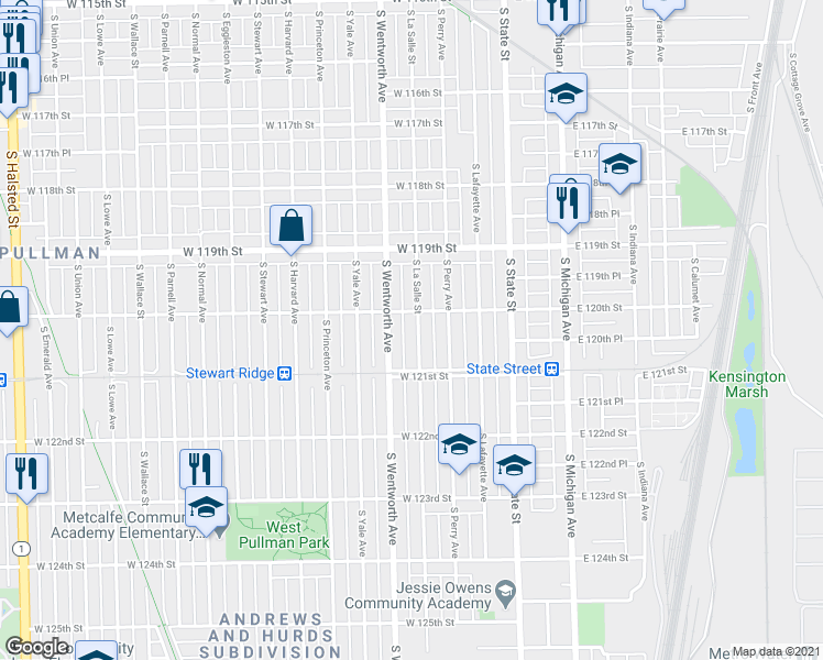 map of restaurants, bars, coffee shops, grocery stores, and more near 12001 South Wentworth Avenue in Chicago