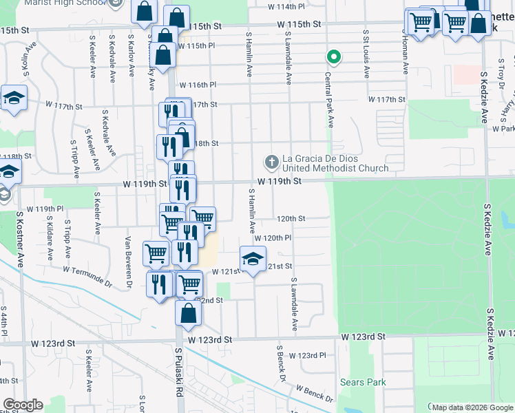 map of restaurants, bars, coffee shops, grocery stores, and more near 11934 South Ridgeway Avenue in Alsip