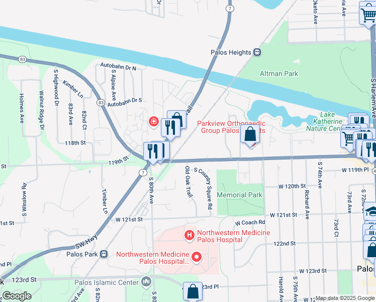 map of restaurants, bars, coffee shops, grocery stores, and more near 7880 West College Drive in Palos Heights