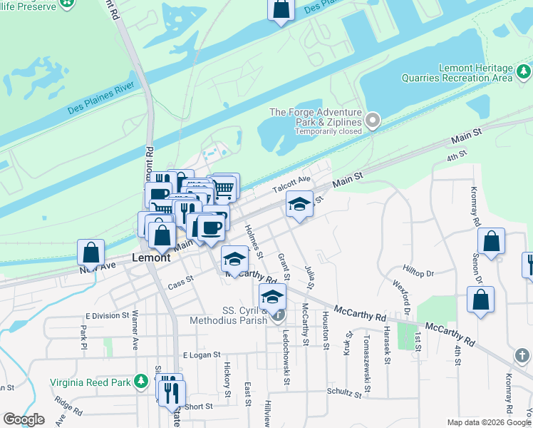 map of restaurants, bars, coffee shops, grocery stores, and more near 774 Talcott Avenue in Lemont