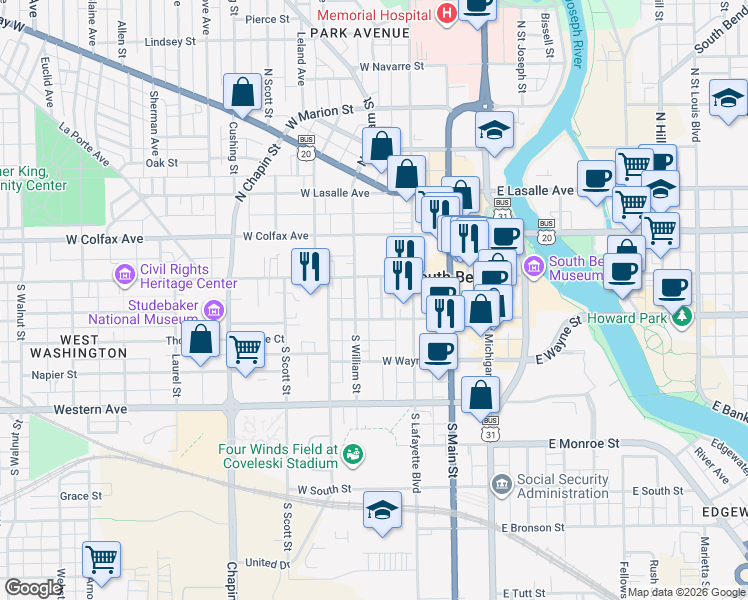 map of restaurants, bars, coffee shops, grocery stores, and more near 322 West Washington Street in South Bend