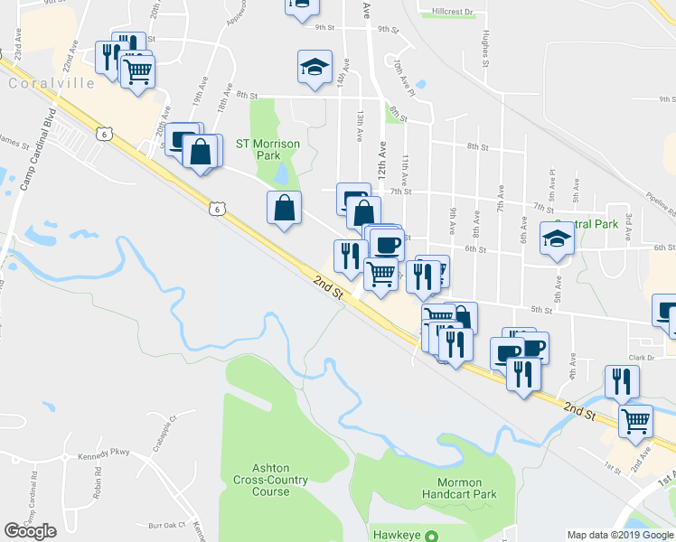 map of restaurants, bars, coffee shops, grocery stores, and more near 250 12th Avenue in Coralville