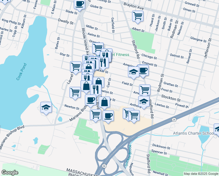 map of restaurants, bars, coffee shops, grocery stores, and more near 140 Carl Street in Fall River