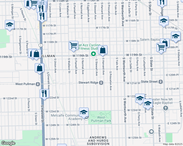 map of restaurants, bars, coffee shops, grocery stores, and more near 12013 South Eggleston Avenue in Chicago
