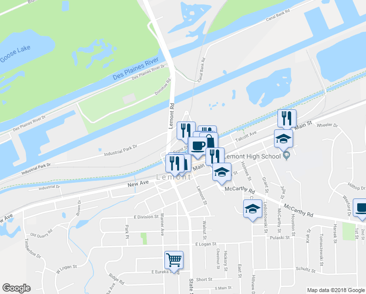 map of restaurants, bars, coffee shops, grocery stores, and more near 327 Front Street in Lemont