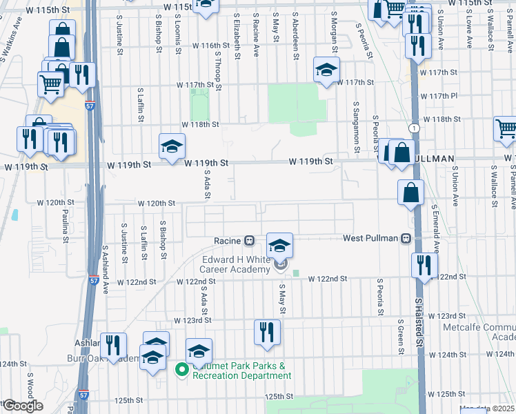 map of restaurants, bars, coffee shops, grocery stores, and more near 1201 West 120th Street in Chicago