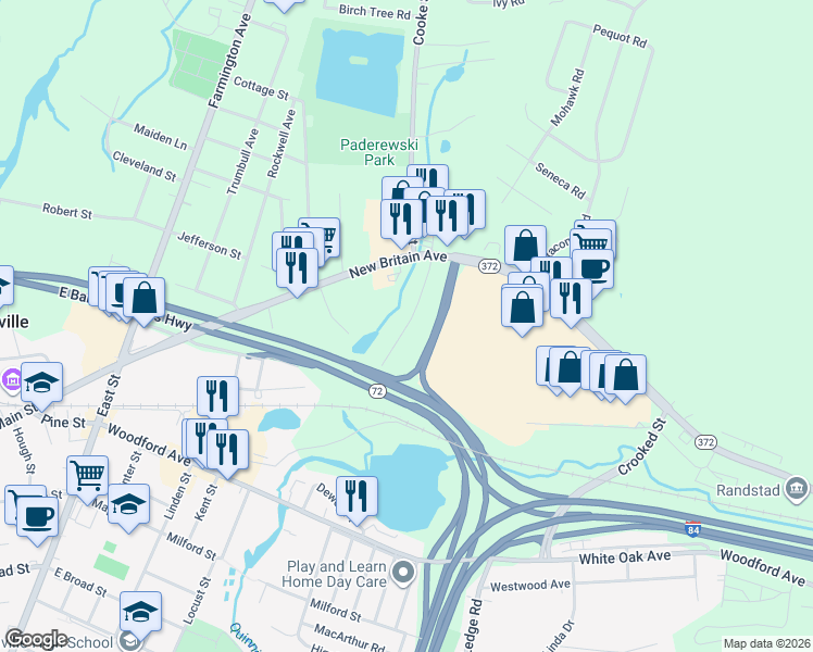 map of restaurants, bars, coffee shops, grocery stores, and more near 26 Colonial Court in Plainville