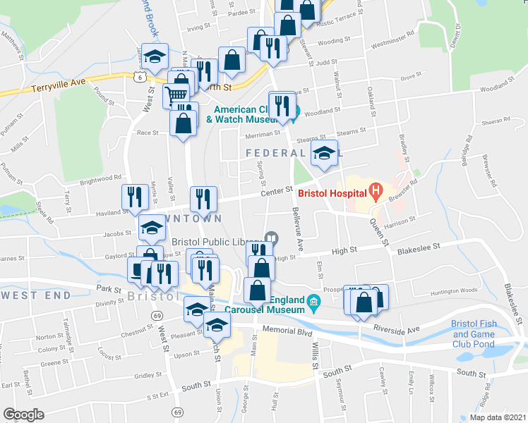 map of restaurants, bars, coffee shops, grocery stores, and more near 365 Main Street in Bristol