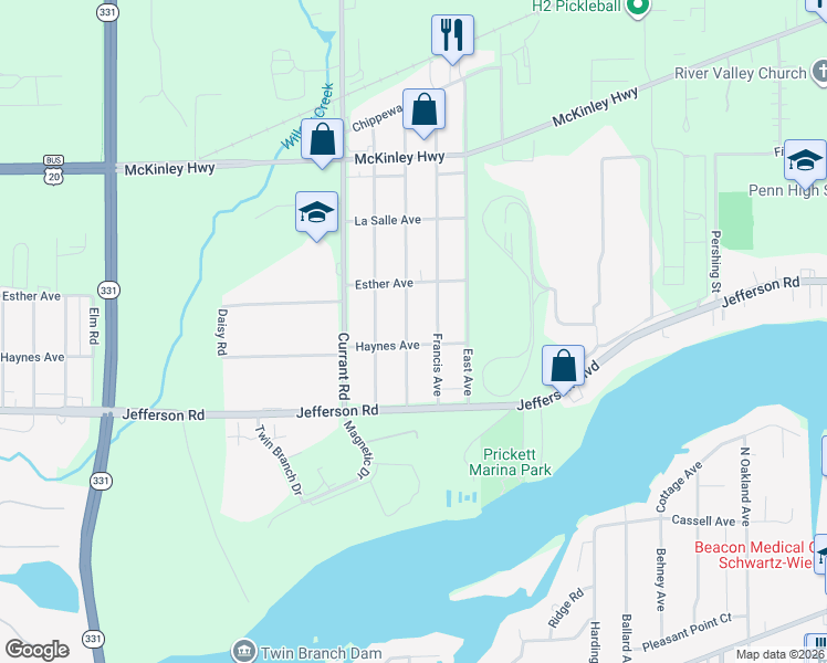 map of restaurants, bars, coffee shops, grocery stores, and more near 56251-56449 Hoosier Avenue in Mishawaka