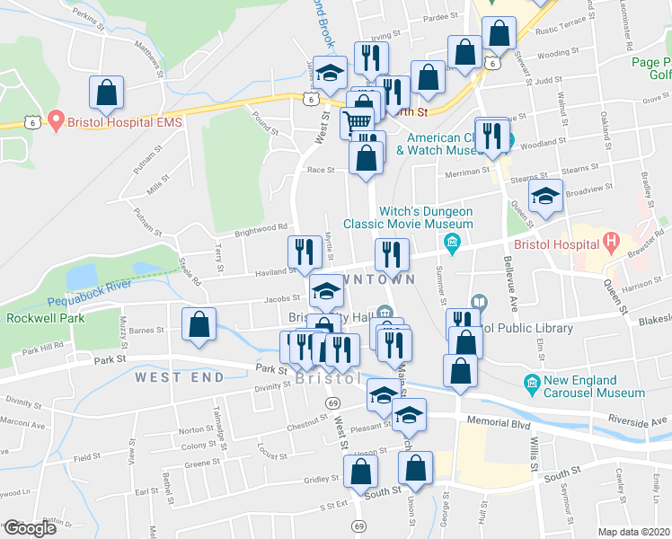 map of restaurants, bars, coffee shops, grocery stores, and more near 36 Center Street in Bristol