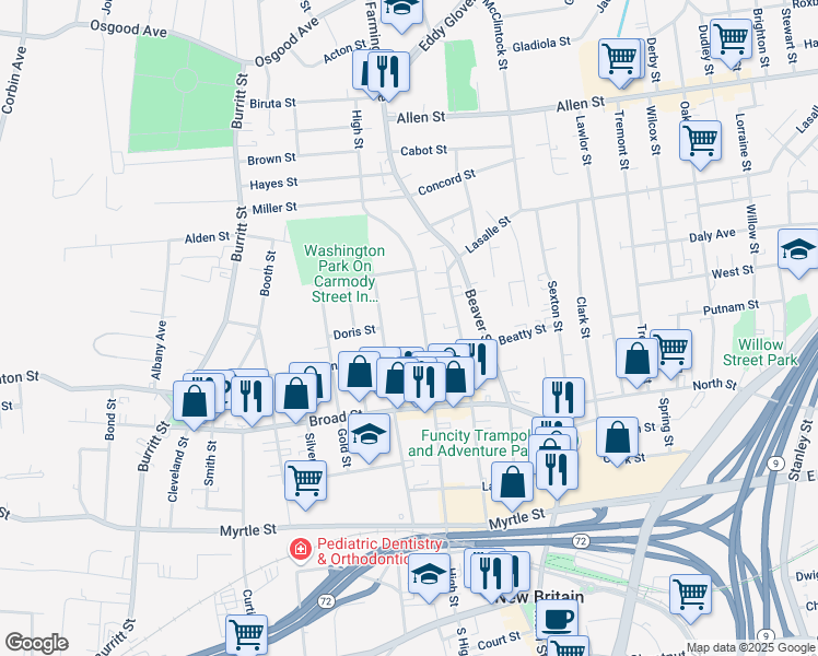 map of restaurants, bars, coffee shops, grocery stores, and more near 282 High Street in New Britain