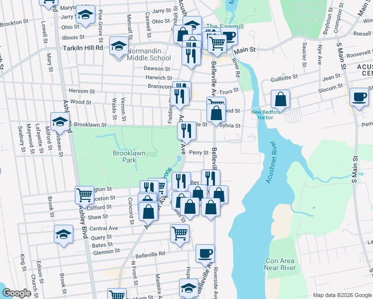 map of restaurants, bars, coffee shops, grocery stores, and more near 2008 Acushnet Avenue in New Bedford