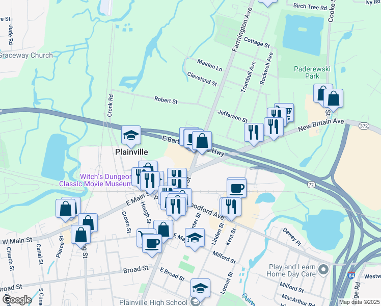 map of restaurants, bars, coffee shops, grocery stores, and more near in Plainville