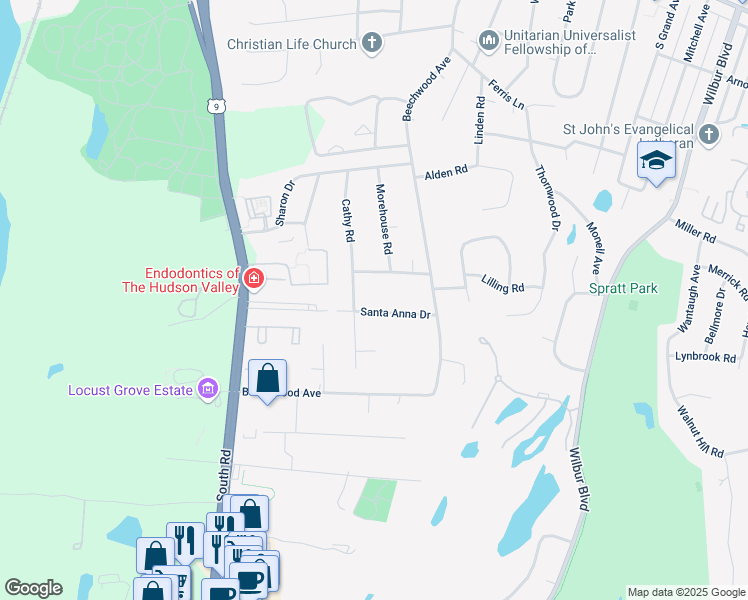 map of restaurants, bars, coffee shops, grocery stores, and more near 34 Cathy Road in Poughkeepsie