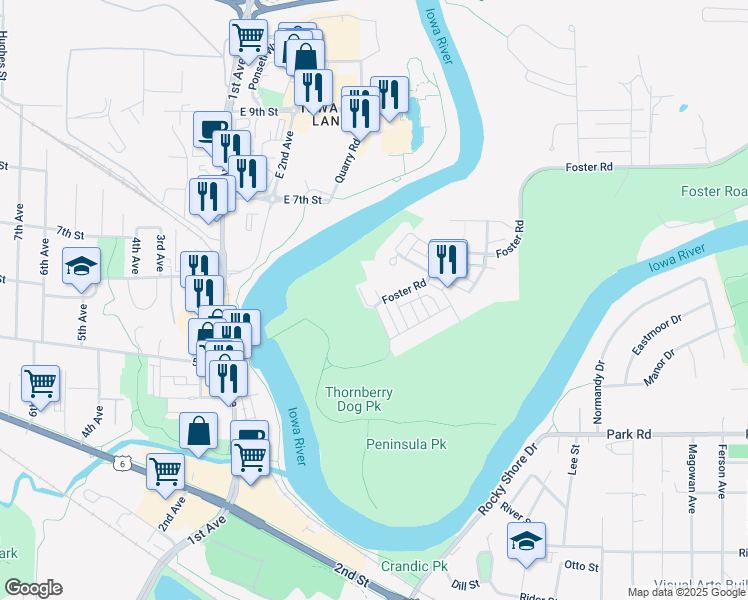 map of restaurants, bars, coffee shops, grocery stores, and more near 780 Barber Place in Iowa City