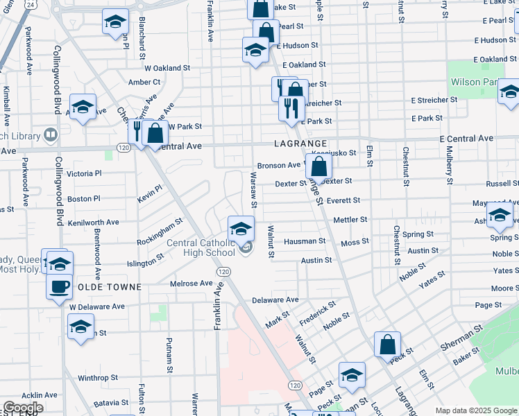map of restaurants, bars, coffee shops, grocery stores, and more near 119 Everett Street in Toledo