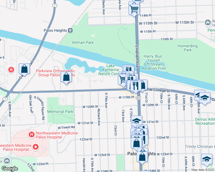 map of restaurants, bars, coffee shops, grocery stores, and more near 7340 West College Drive in Palos Heights