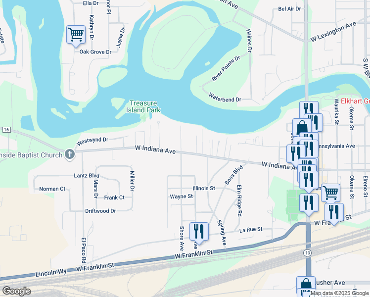 map of restaurants, bars, coffee shops, grocery stores, and more near 56311 Shore Avenue in Elkhart