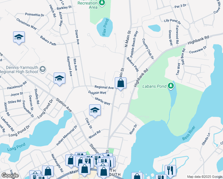 map of restaurants, bars, coffee shops, grocery stores, and more near 100 Regional Avenue in Yarmouth