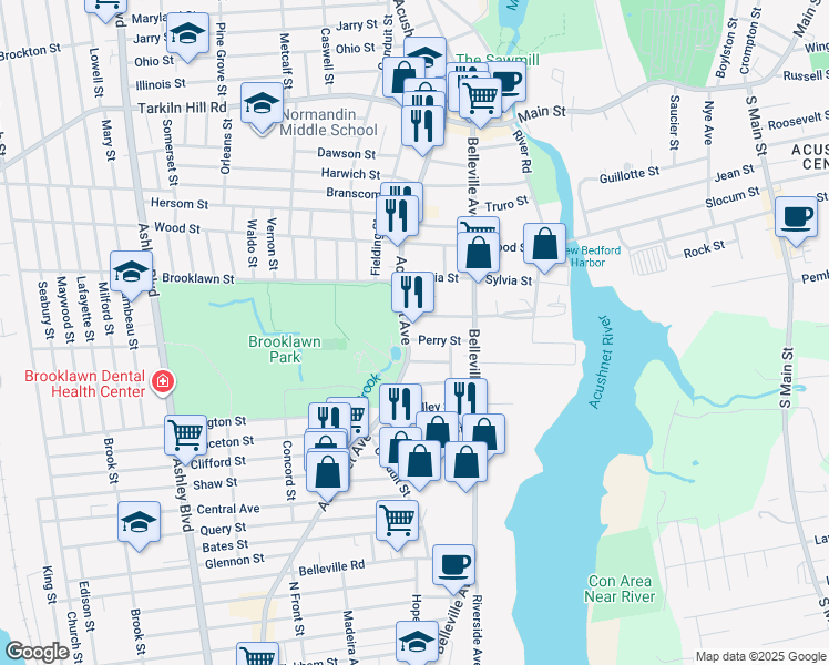 map of restaurants, bars, coffee shops, grocery stores, and more near 2008 Acushnet Avenue in New Bedford