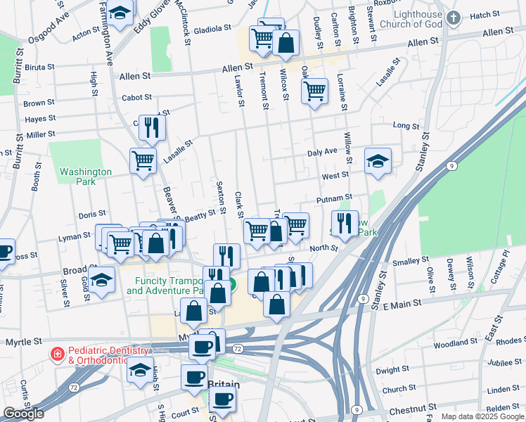 map of restaurants, bars, coffee shops, grocery stores, and more near 9 East Lawlor Street in New Britain