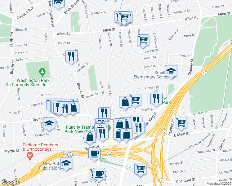 map of restaurants, bars, coffee shops, grocery stores, and more near 149 Clark Street in New Britain