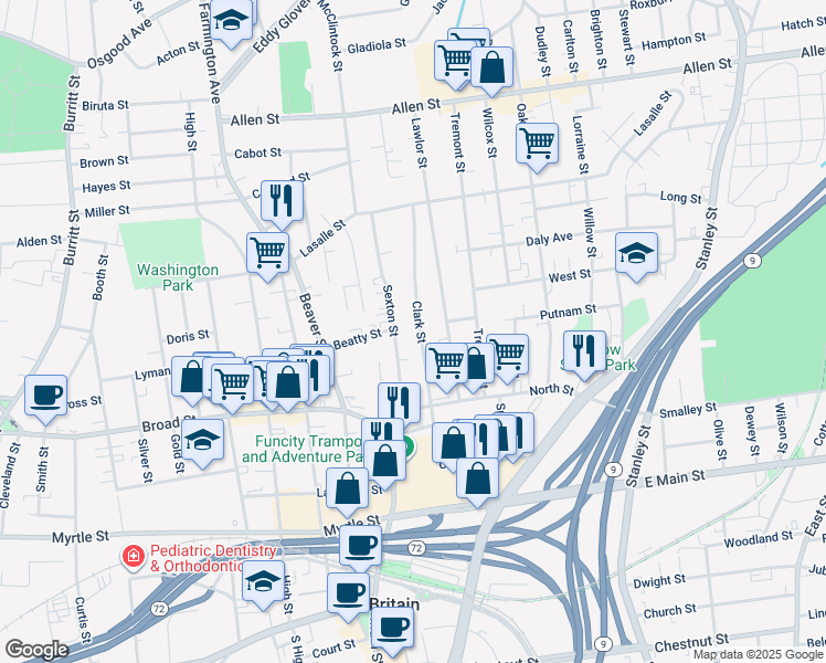 map of restaurants, bars, coffee shops, grocery stores, and more near 149 Clark Street in New Britain
