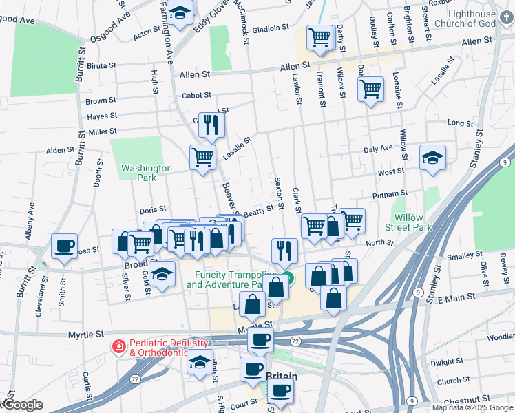 map of restaurants, bars, coffee shops, grocery stores, and more near 22 Beatty Street in New Britain
