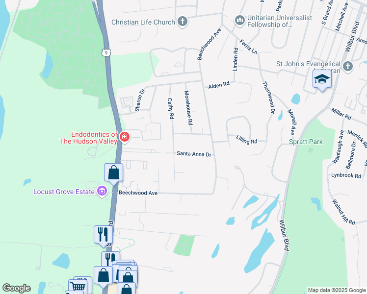 map of restaurants, bars, coffee shops, grocery stores, and more near 34 Cathy Road in Poughkeepsie