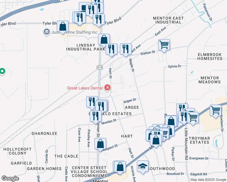 map of restaurants, bars, coffee shops, grocery stores, and more near 7165 Hart Street in Mentor