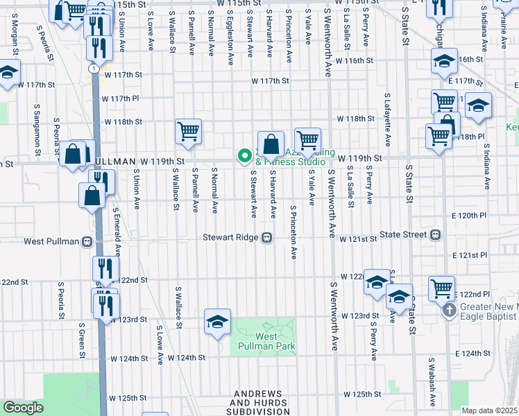 map of restaurants, bars, coffee shops, grocery stores, and more near 353 West 120th Street in Chicago