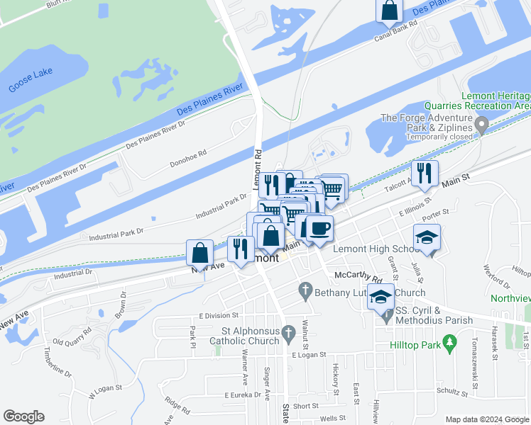 map of restaurants, bars, coffee shops, grocery stores, and more near 340 River Street in Lemont