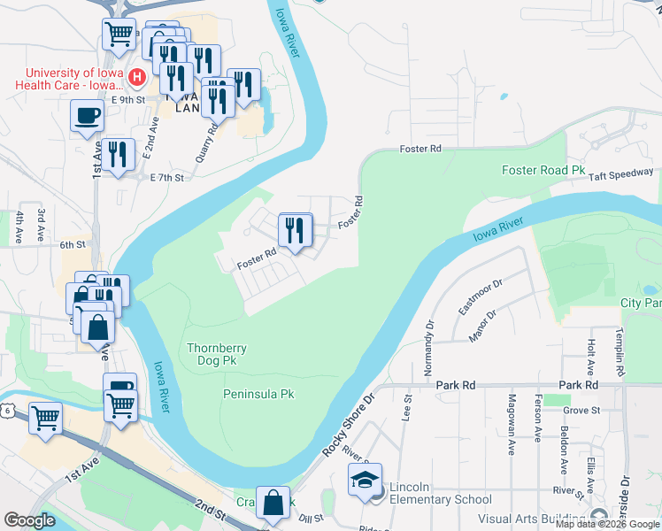 map of restaurants, bars, coffee shops, grocery stores, and more near 1250 Swisher St in Iowa City