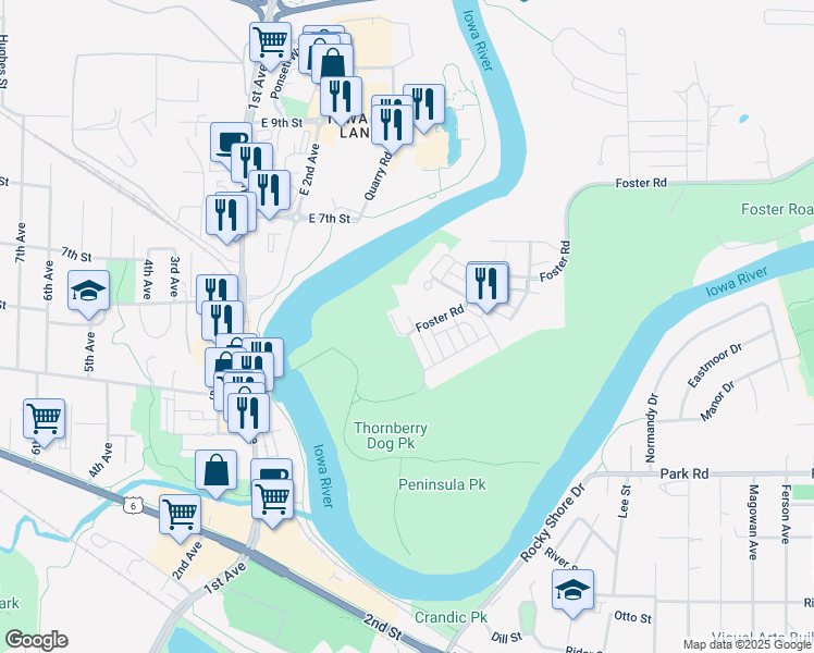 map of restaurants, bars, coffee shops, grocery stores, and more near 780 Barber Place in Iowa City
