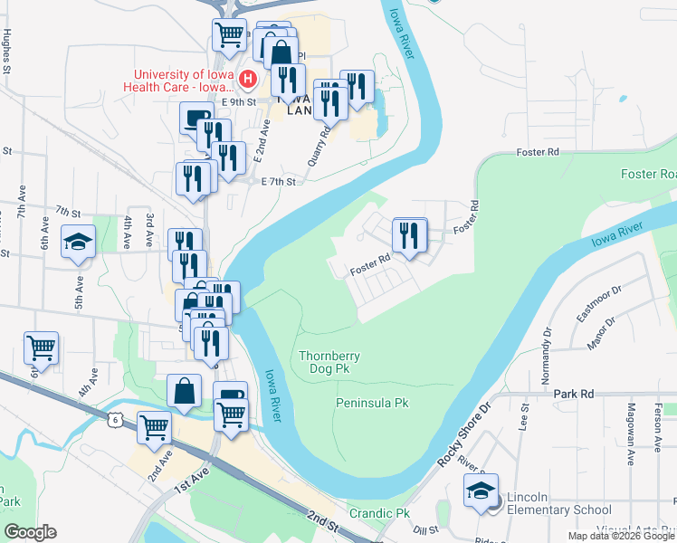 map of restaurants, bars, coffee shops, grocery stores, and more near 780 Barber Place in Iowa City