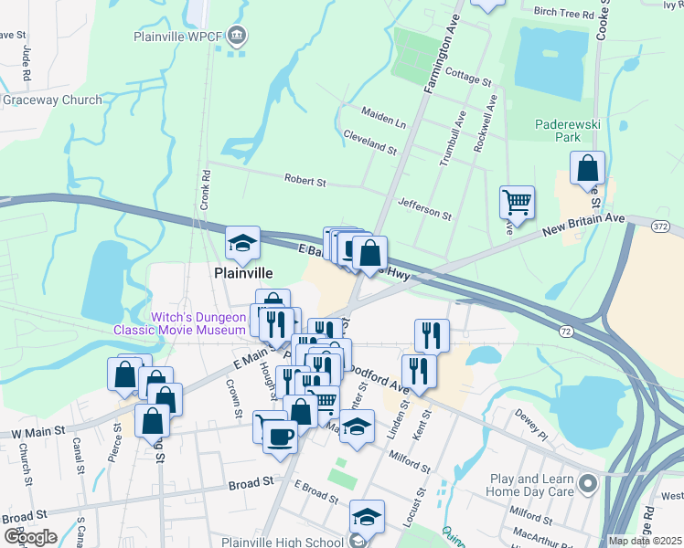 map of restaurants, bars, coffee shops, grocery stores, and more near 17 Farmington Avenue in Plainville