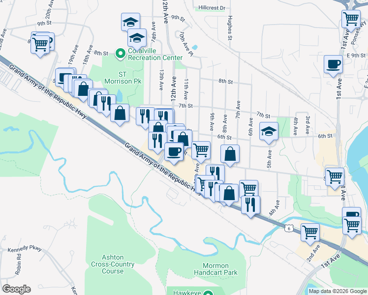 map of restaurants, bars, coffee shops, grocery stores, and more near 1101 5th Street in Coralville