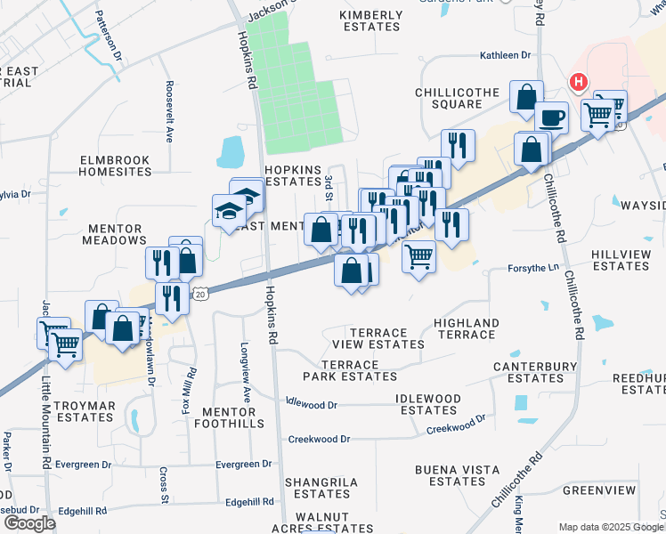 map of restaurants, bars, coffee shops, grocery stores, and more near 9100 Mentor Avenue in Mentor