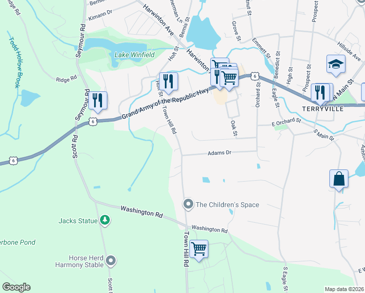 map of restaurants, bars, coffee shops, grocery stores, and more near 41 Town Hill Road in Plymouth