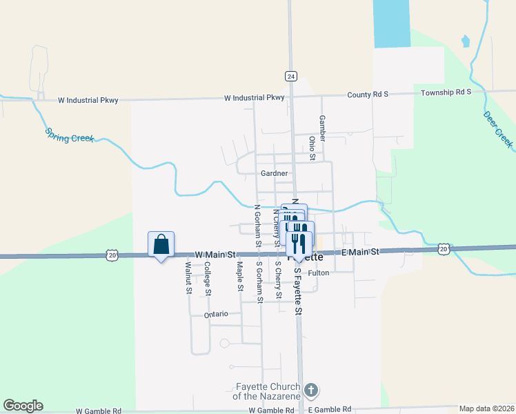 map of restaurants, bars, coffee shops, grocery stores, and more near 414 North Gorham Street in Fayette
