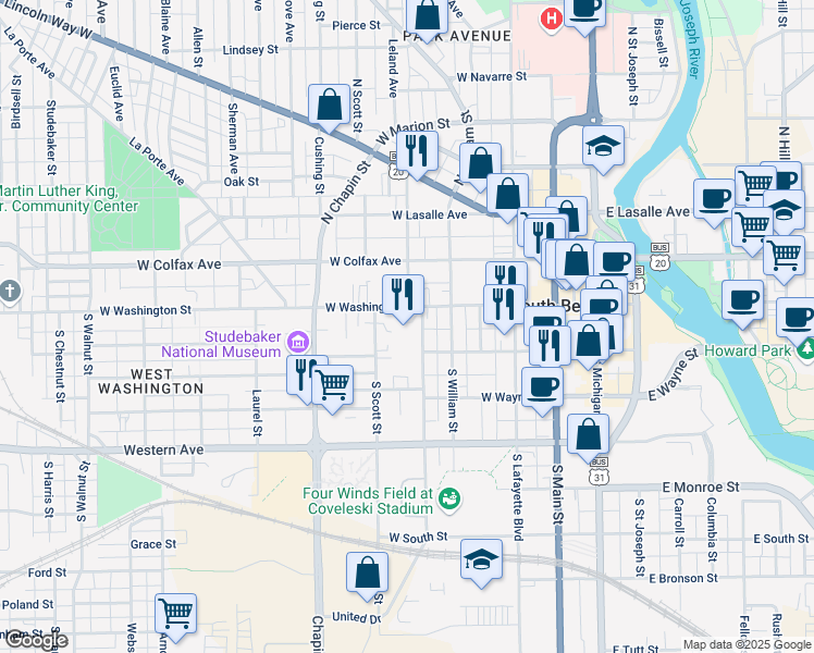 map of restaurants, bars, coffee shops, grocery stores, and more near 620 West Washington Street in South Bend