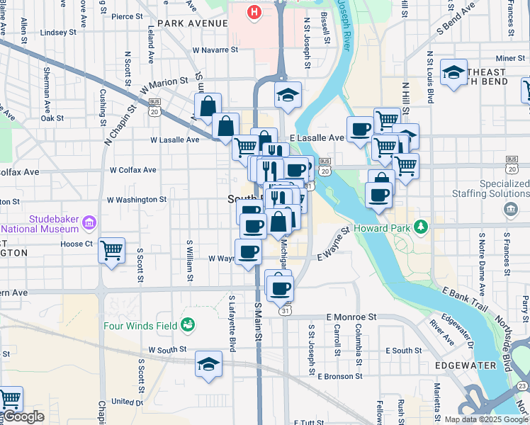 map of restaurants, bars, coffee shops, grocery stores, and more near in South Bend