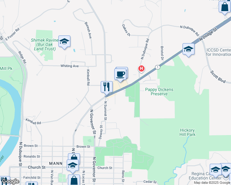 map of restaurants, bars, coffee shops, grocery stores, and more near Highway 1 in Iowa City