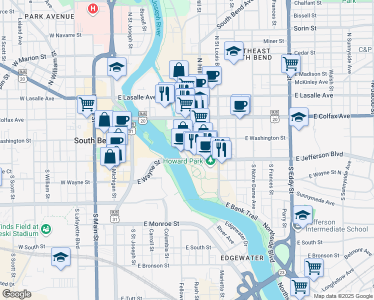 map of restaurants, bars, coffee shops, grocery stores, and more near 114 South Niles Avenue in South Bend