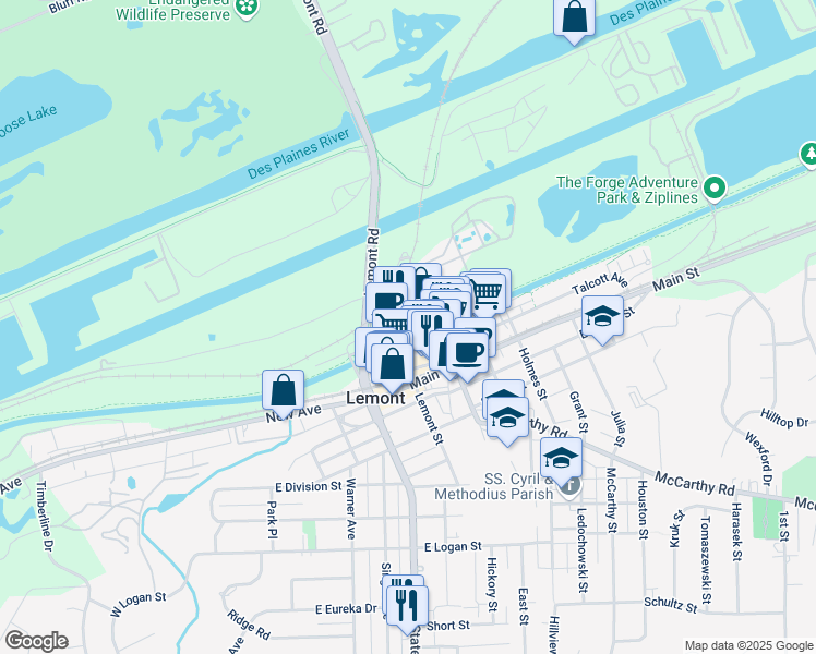 map of restaurants, bars, coffee shops, grocery stores, and more near 345 Front Street in Lemont