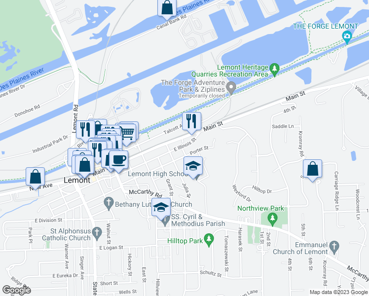 map of restaurants, bars, coffee shops, grocery stores, and more near 900 East Illinois Street in Lemont
