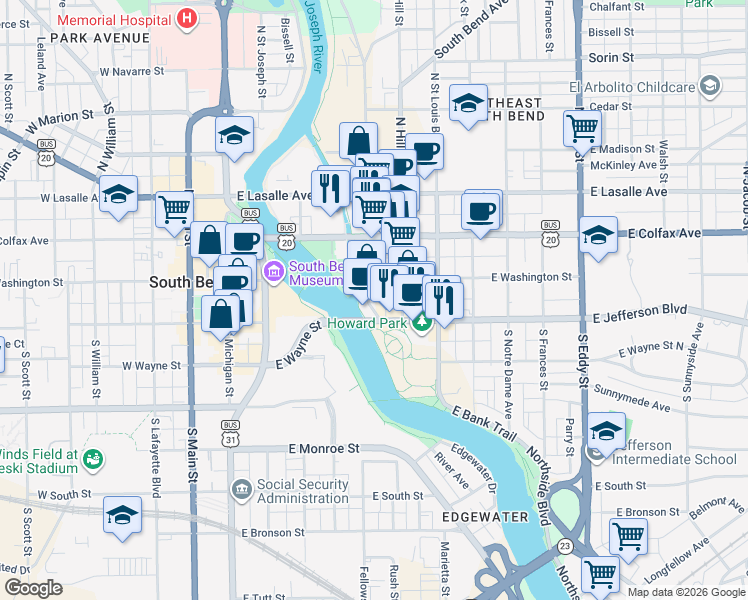 map of restaurants, bars, coffee shops, grocery stores, and more near 120 South Niles Avenue in South Bend