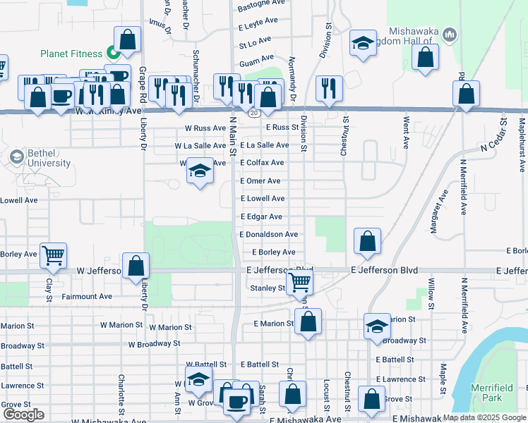 map of restaurants, bars, coffee shops, grocery stores, and more near 202 East Edgar Avenue in Mishawaka