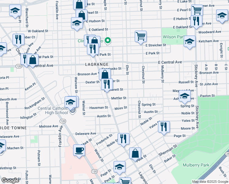 map of restaurants, bars, coffee shops, grocery stores, and more near 232 Everett Street in Toledo